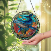 Whale Ocean Stained Glass Suncatcher, Round Underwater Coral Reef Window Panel, Marine Life Nautical Sea Glass Art Home Decor Gift